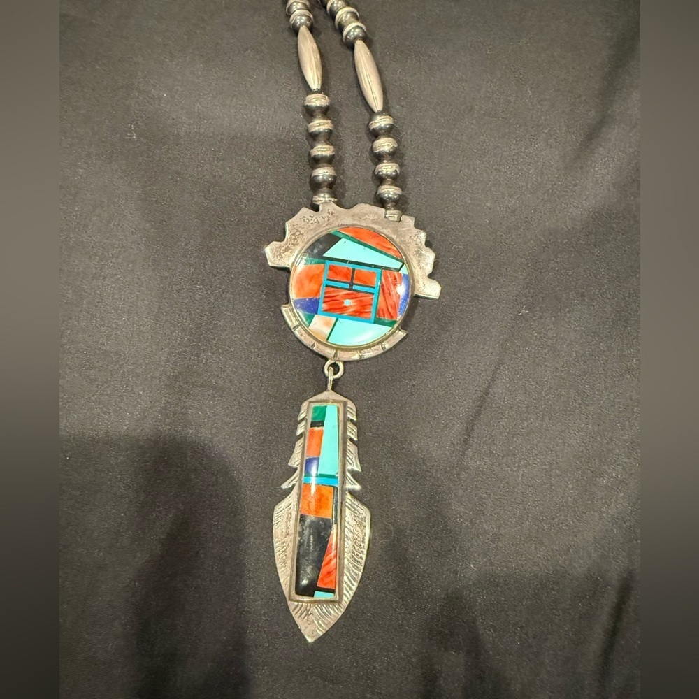 Vintage Sterling Silver Frank YellowHorse Pendant Beaded Chain Navajo Inlay - Picture 2 of 12